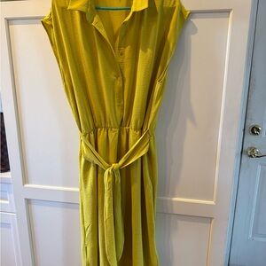 Fred David Sunny Yellow Midi Dress with Waist Tie